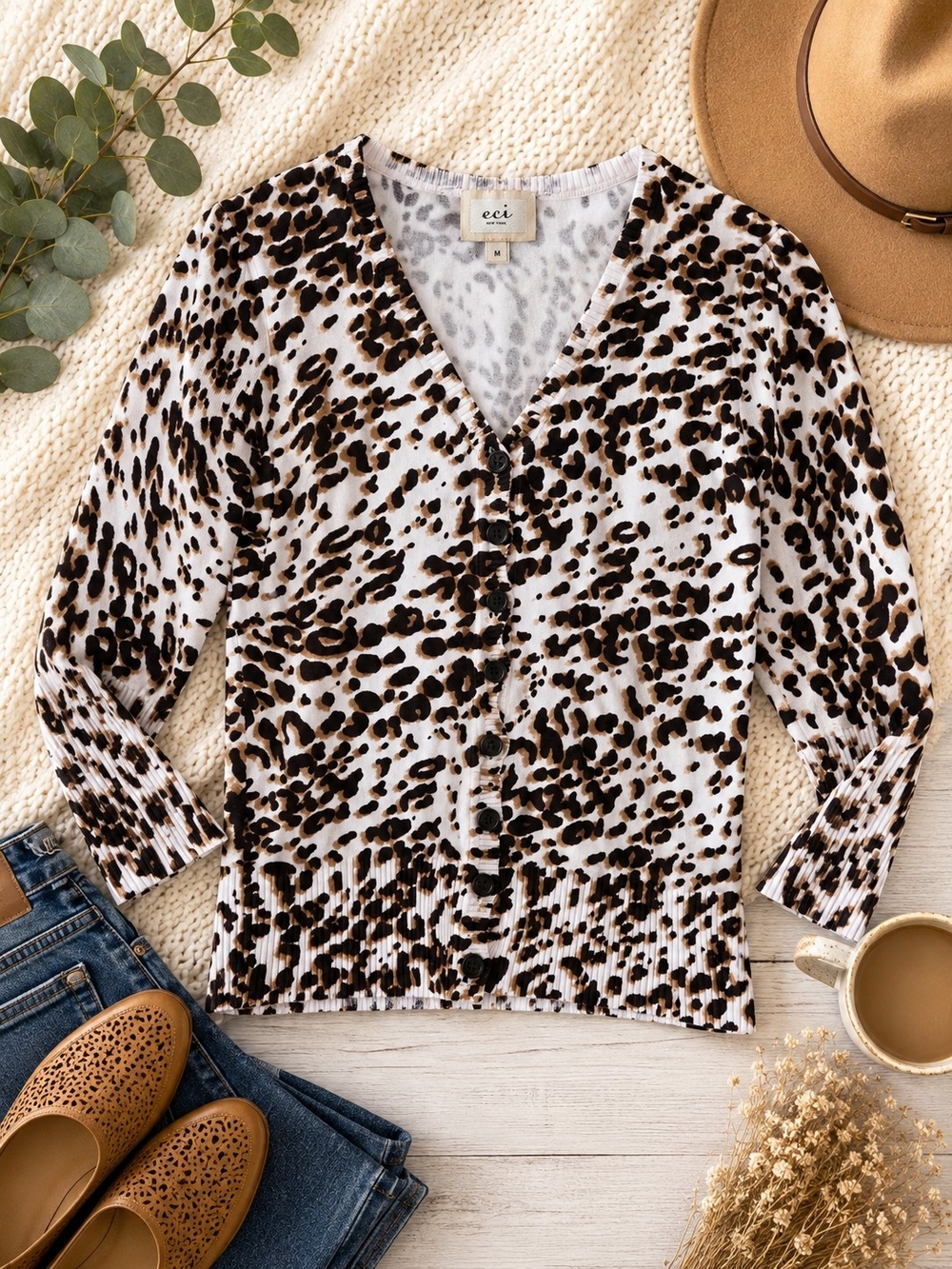 ECI New York Leopard Print Cardigan Sweater Medium Button Front Animal Print